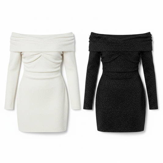Off-Shoulder Mini Dresses - White Background