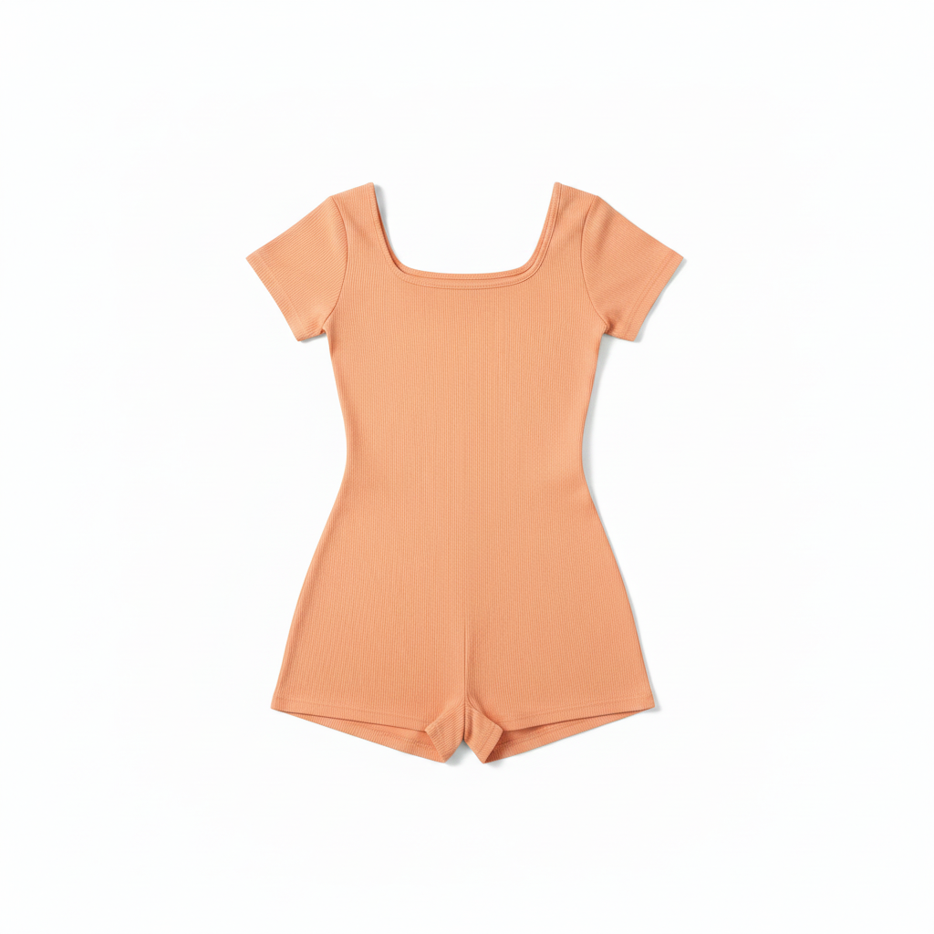 Peachy Orange Ribbed Romper - Flat Lay
