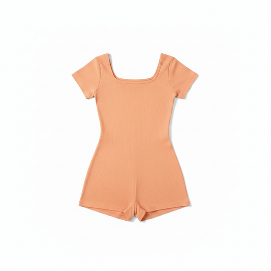 Peachy Orange Ribbed Romper - Flat Lay