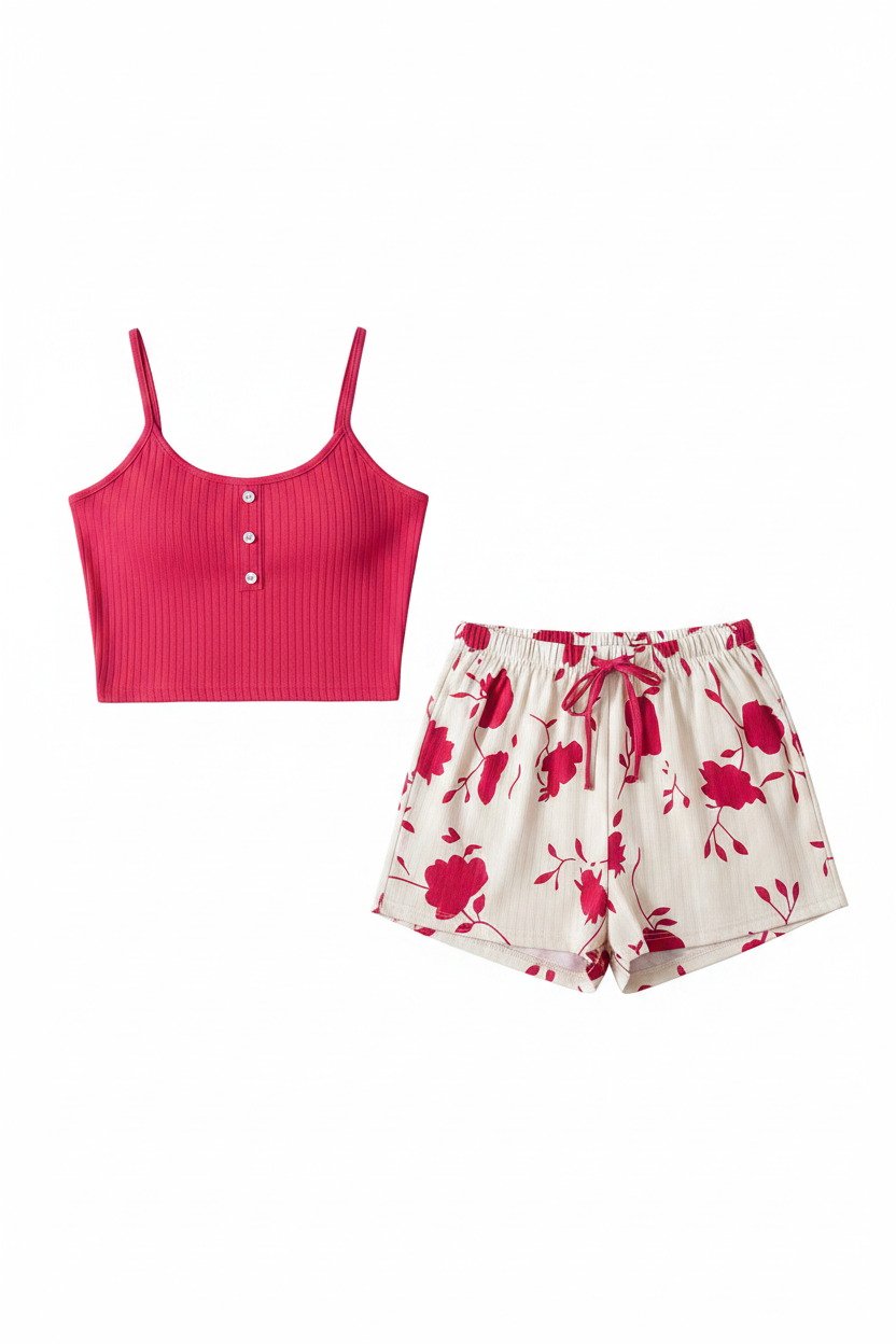 Rose Pink Crop Top & Floral Shorts Set